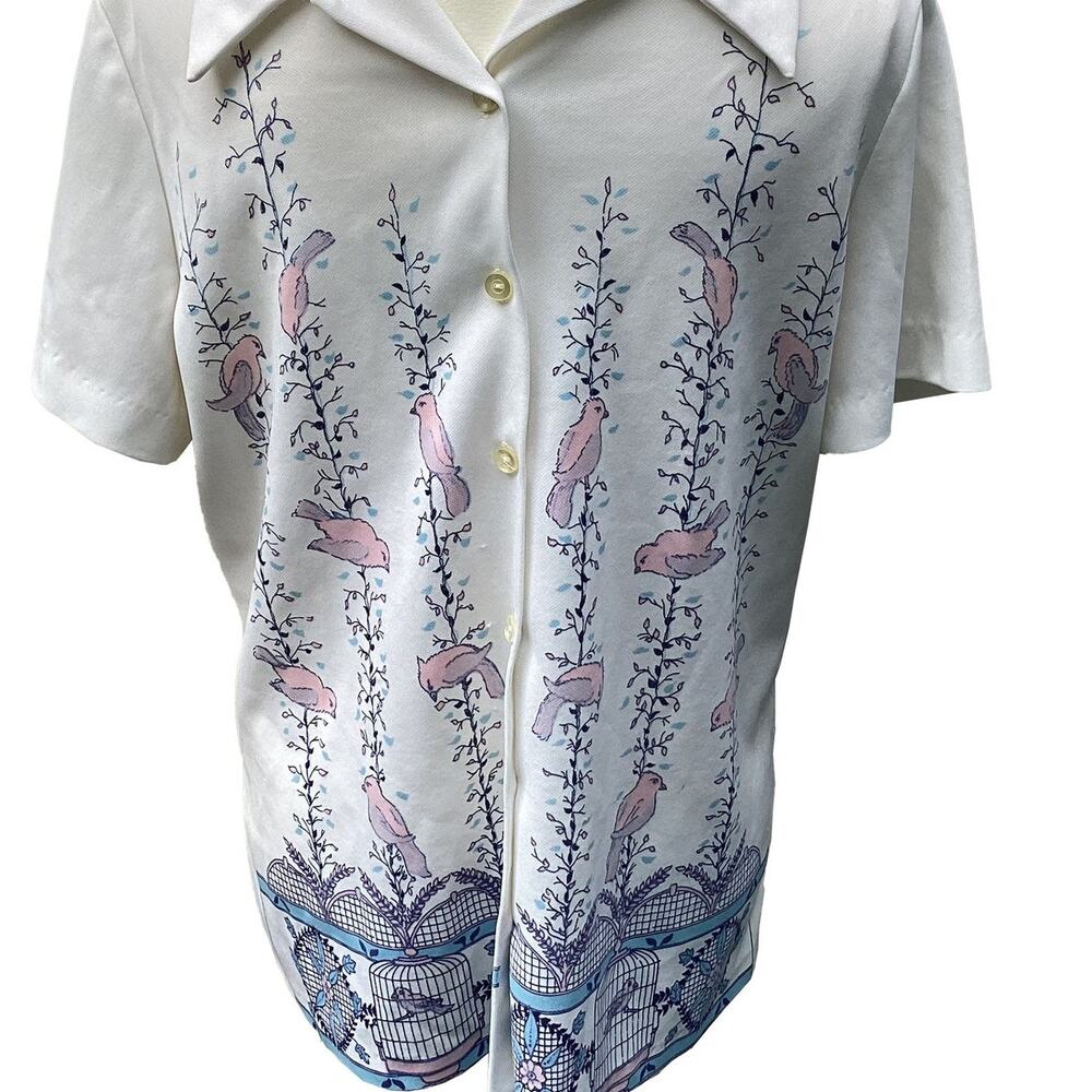 Vintage Women's Short-Sleeve Floral Birdcage Hawaiian Button Shirt White Medium